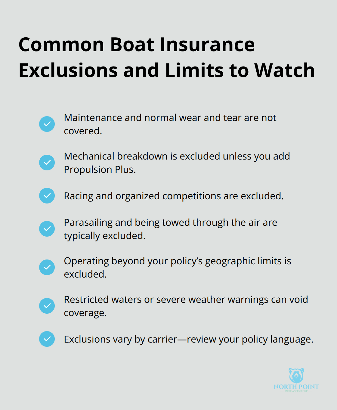 Checklist of standard boat insurance exclusions and geographic limits