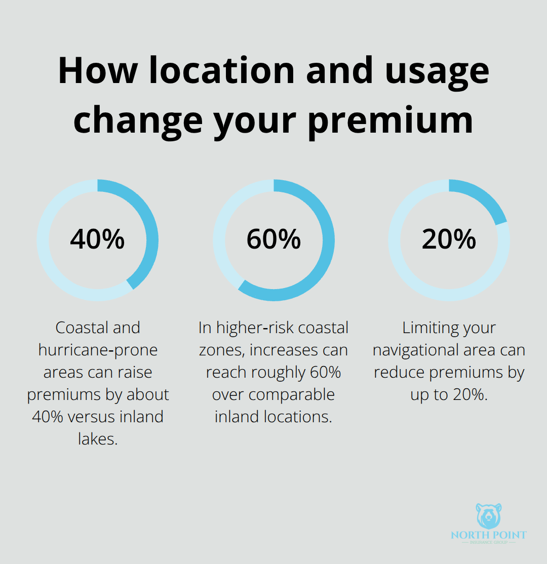 Percentage changes in boat insurance premiums based on U.S. location and navigation limits