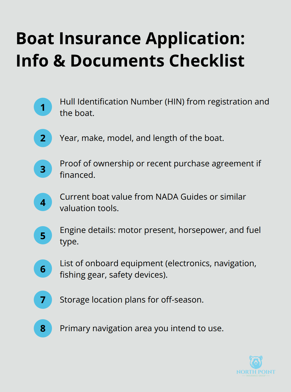 Checklist of key information and documents to gather before starting a boat insurance application in the U.S. - Boat insurance filing steps
