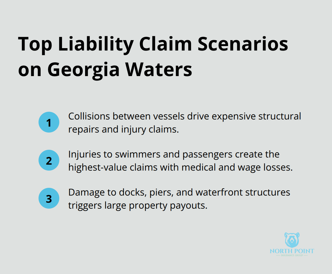Compact list of the three most common and costly boat liability claim types in Georgia. - Boat liability coverage Georgia