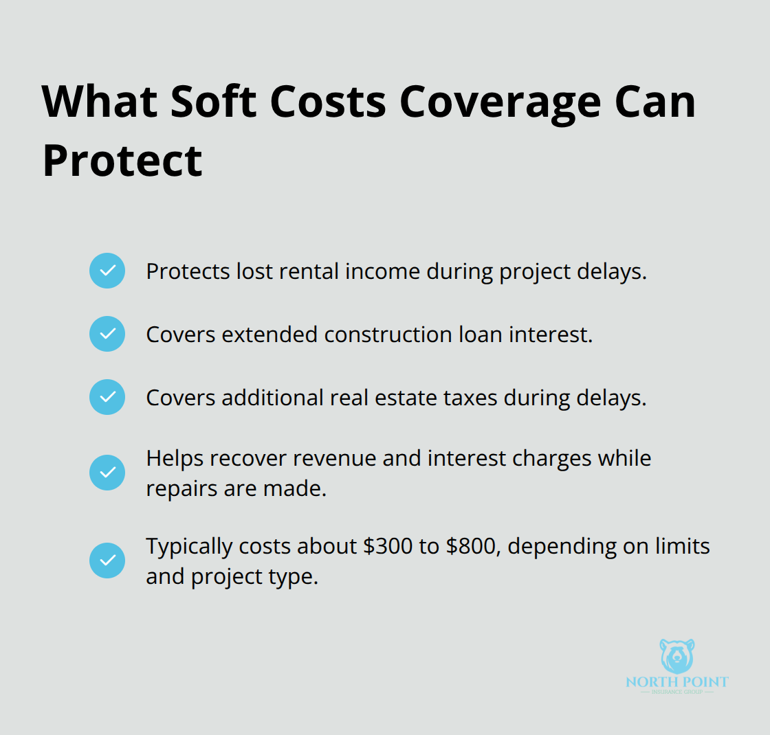 Checkmark list of key soft costs items covered when damage delays construction. - Builders risk explained