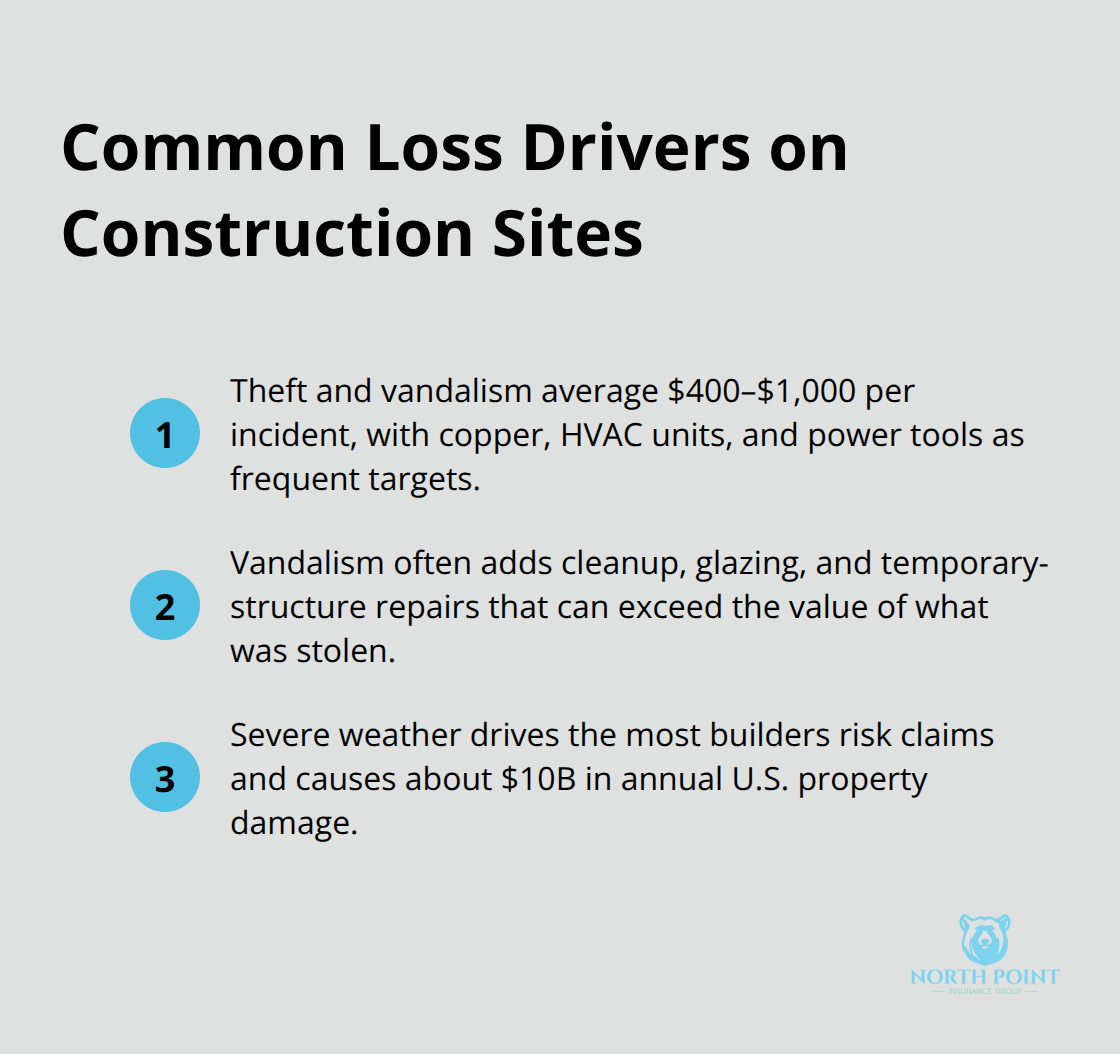 Compact list highlighting theft, vandalism, and weather as leading construction site loss drivers. - Construction project builders risk