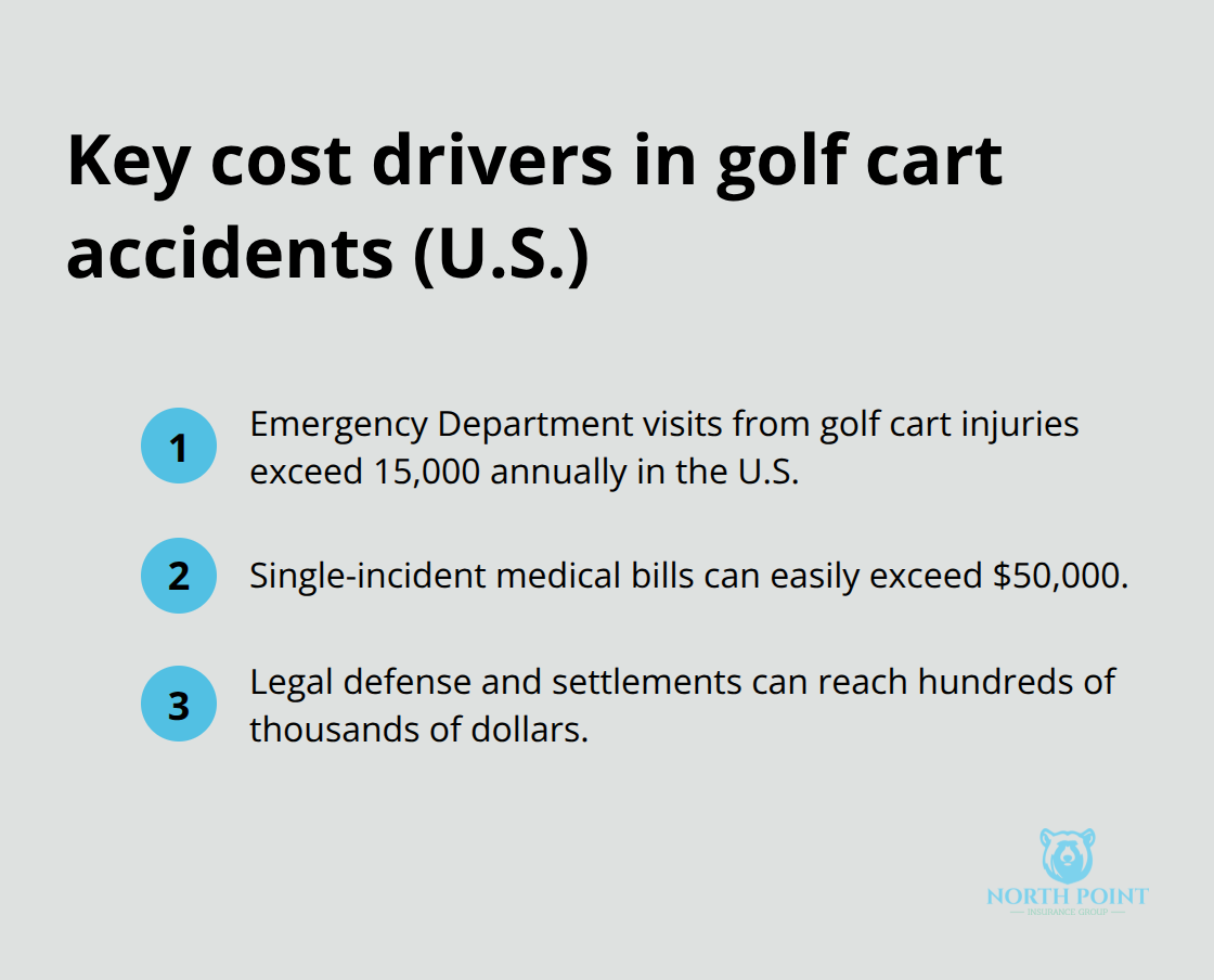 Infographic highlighting main cost drivers in U.S. golf cart accidents - Golf cart liability coverage