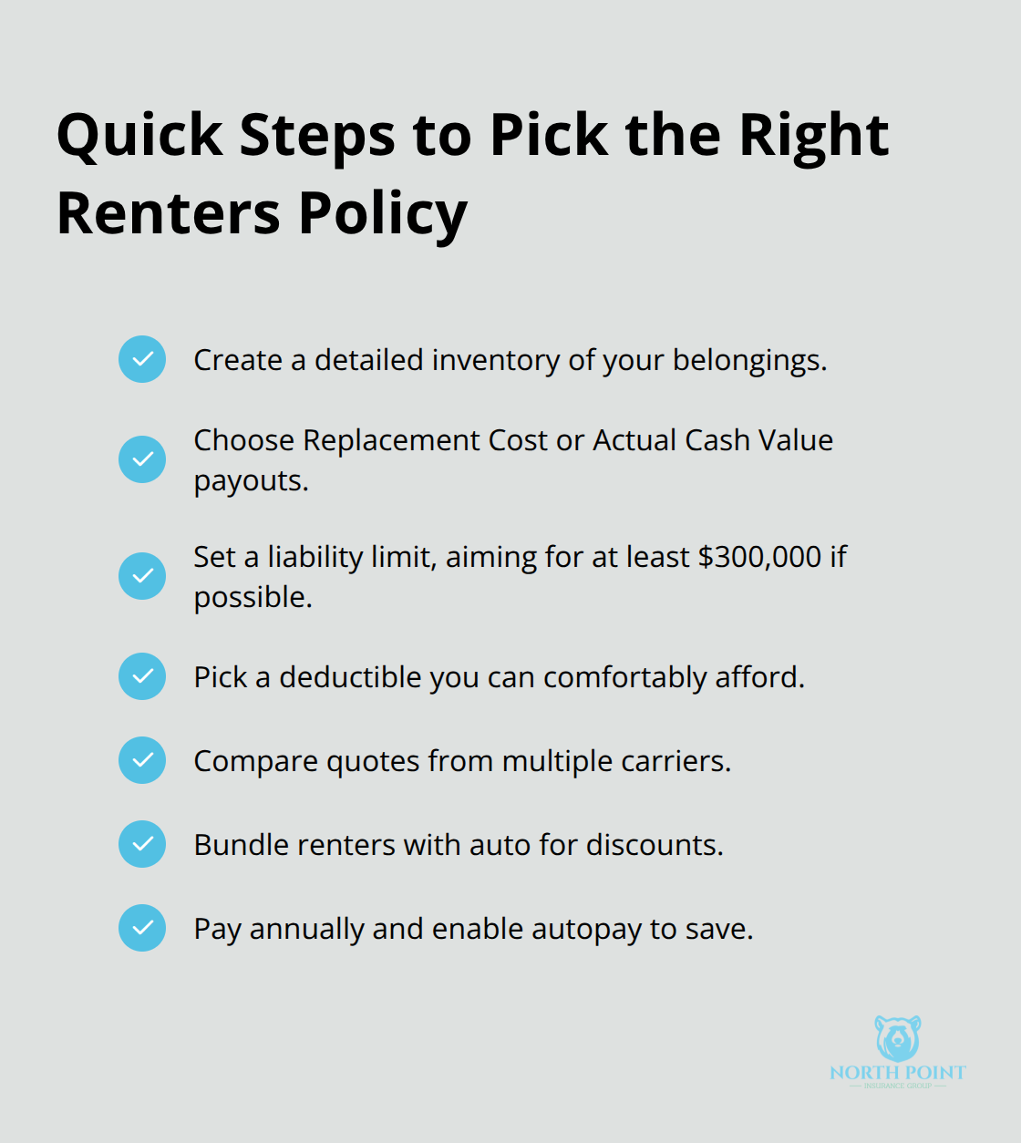 Checklist of steps to choose renters insurance and save on premiums. - Renters home insurance basics