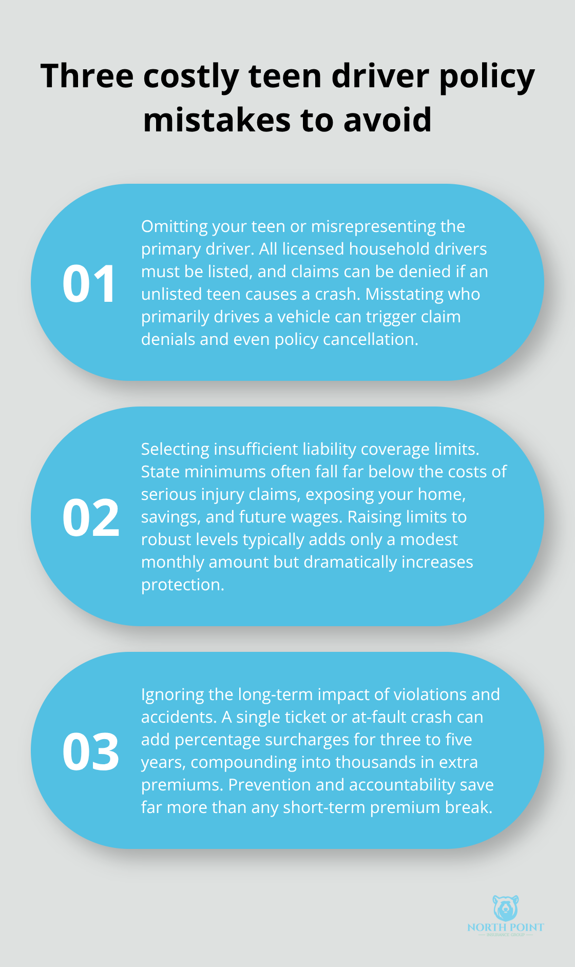 Three-point list explaining the most expensive teen driver insurance mistakes for U.S. families.